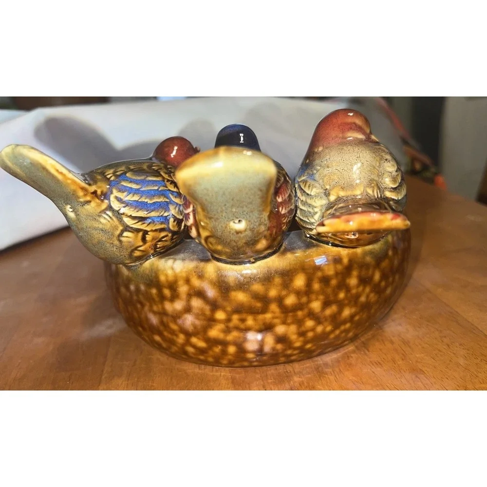Whimsical Glazed Ceramic‎ Bird Bowl w/Three Birds–Feeder-Birdbath-Trinket Dish